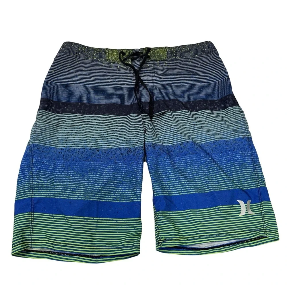 Hurley Phantom Board Shorts Mens 29 Blue Green Striped Surf Swim‎ Trunks Stretch